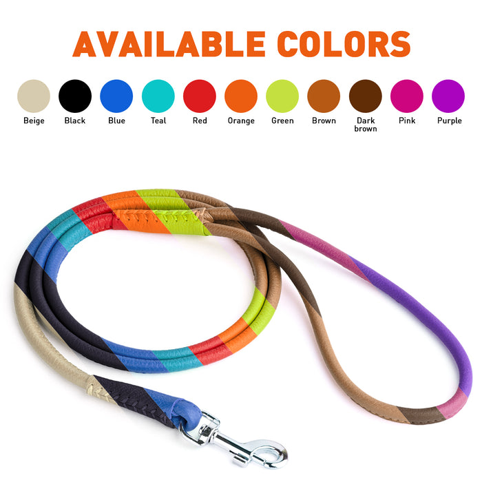 Round leather leashes for dogs with metal snap hook, 11 colors available