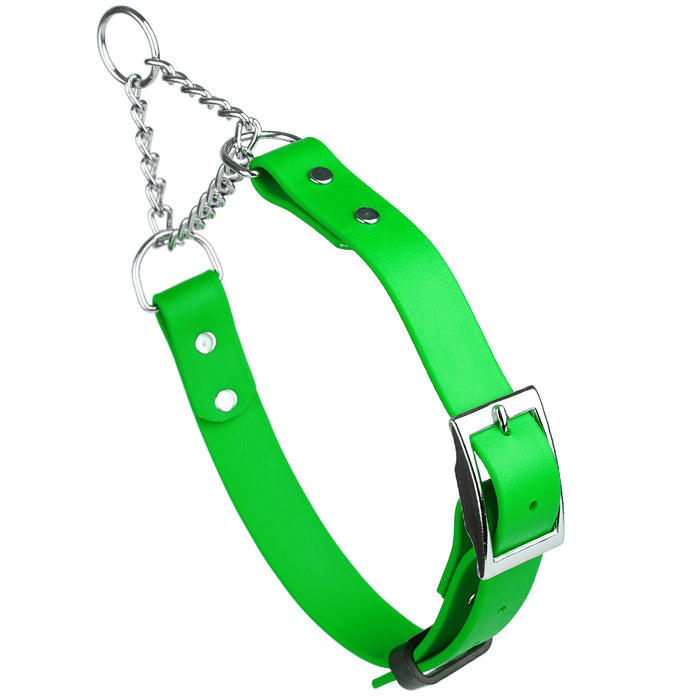 Tropical Green adjustable martingale dog collar with buckle and Herm Sprenger assembly chain, made from waterproof Biothane