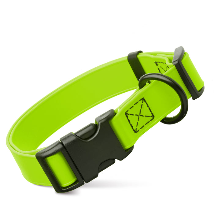 Tropical Green dog collar with quick release buckle, made from waterproof Biothane, 3/4- or 1-inch wide