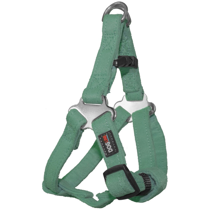 Teal microfiber step-in dog harness with quick release buckle