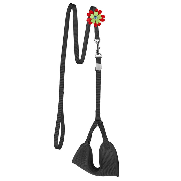 Black nylon dog harness and dog leash combination with an optional flower decoration