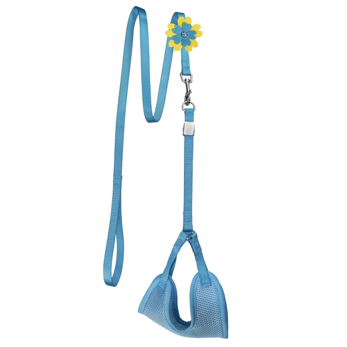 Blue nylon dog harness and dog leash combination with an optional flower decoration