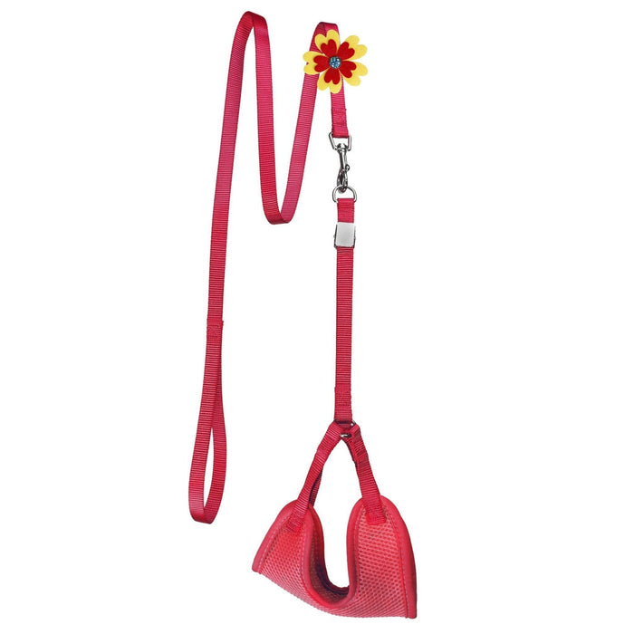 Red nylon dog harness and dog leash combination with an optional flower decoration