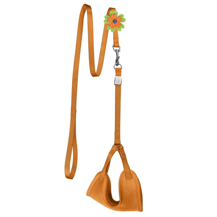 Orange nylon dog harness and dog leash combination with an optional flower decoration