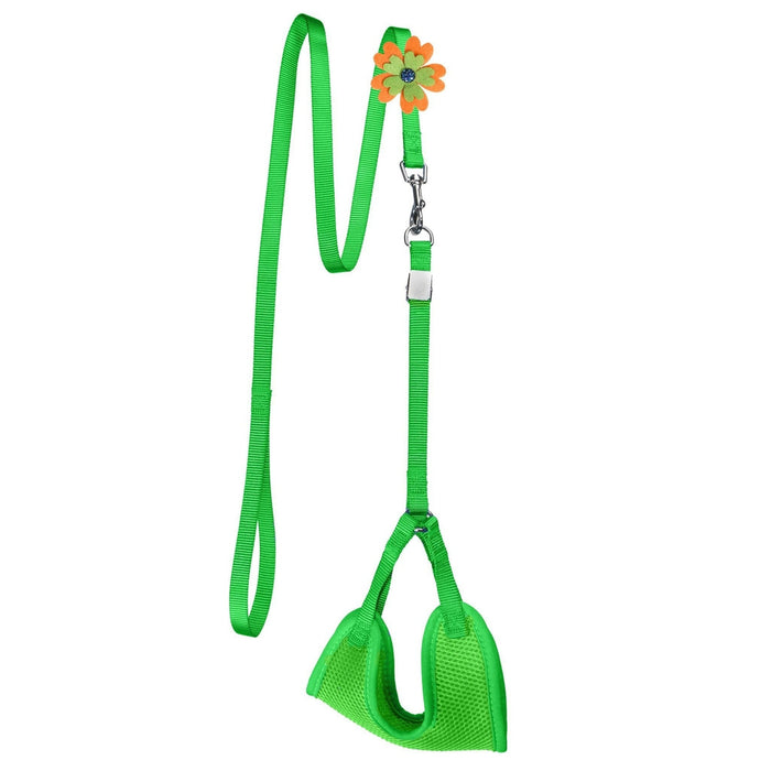 Green nylon dog harness and dog leash combination with an optional flower decoration