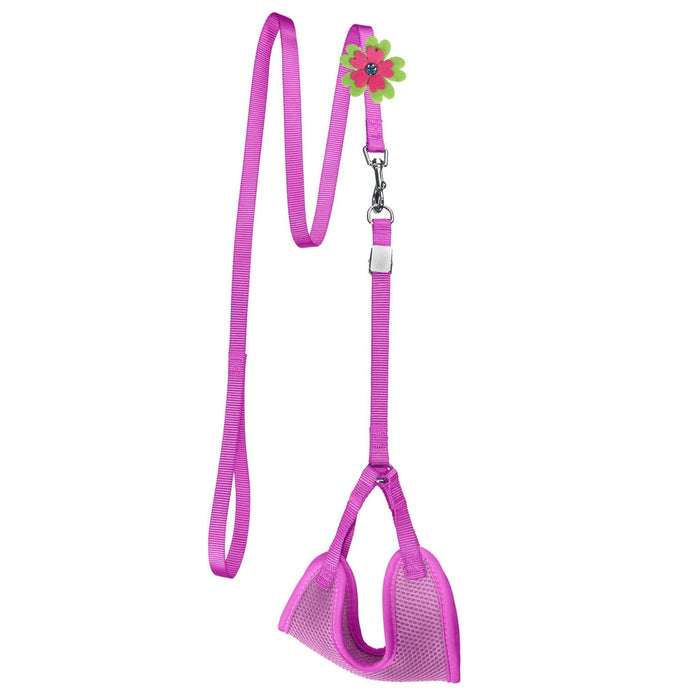 Pink nylon dog harness and dog leash combination with an optional flower decoration