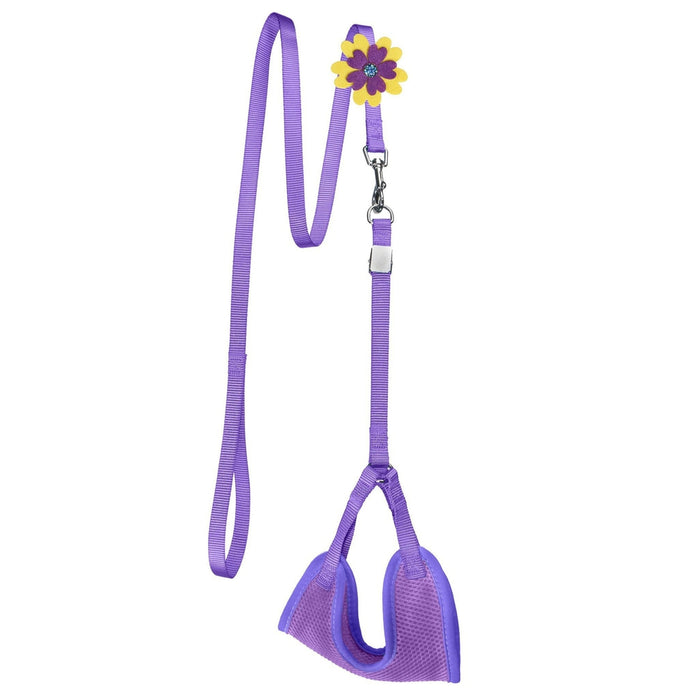 Purple nylon dog harness and dog leash combination with an optional flower decoration