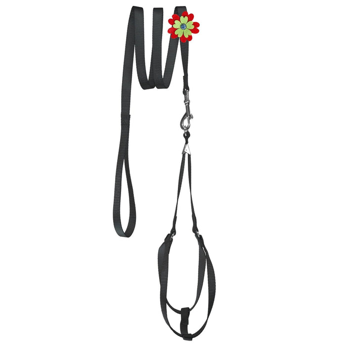Black nylon step-in dog harness + nylon dog leash set, and optional flower decoration
