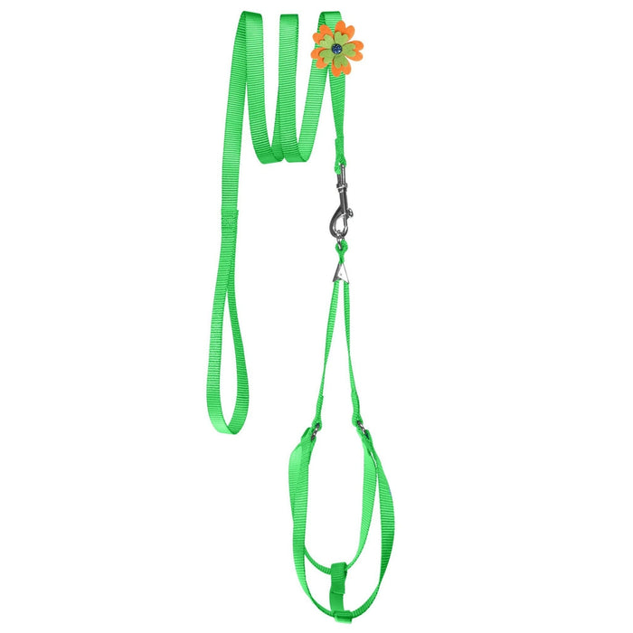 Green nylon step-in dog harness + nylon dog leash set, and optional flower decoration