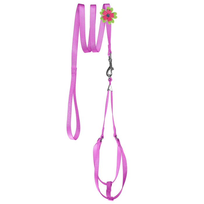 Pink nylon step-in dog harness + nylon dog leash set, and optional flower decoration