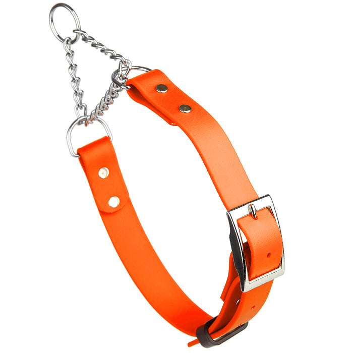 Hunter Orange adjustable martingale dog collar with buckle and Herm Sprenger assembly chain, made from waterproof Biothane