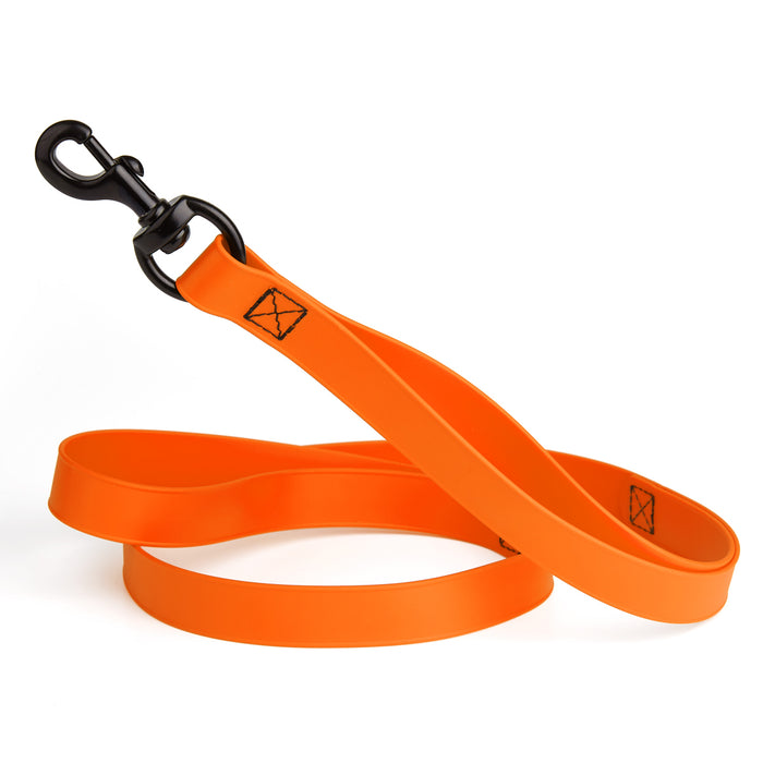 Hunter Orange multi-handle dog leash with black snap hook, made from waterproof Biothane