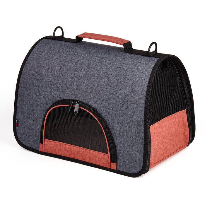 Black and orange pet carrier for small dogs and cats with handle and mesh screens, collapsible