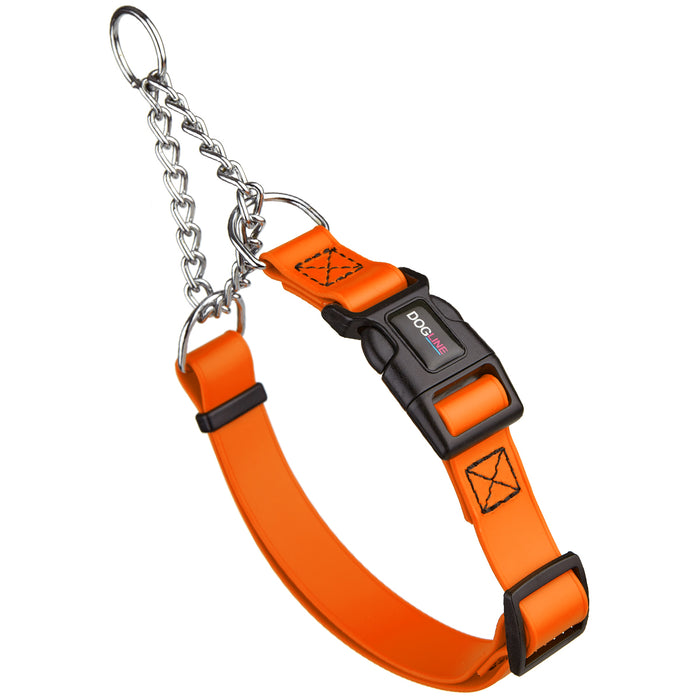 Hunter Orange martingale dog collar with quick release buckle and Herm Sprenger assembly chain, made from waterproof Biothane