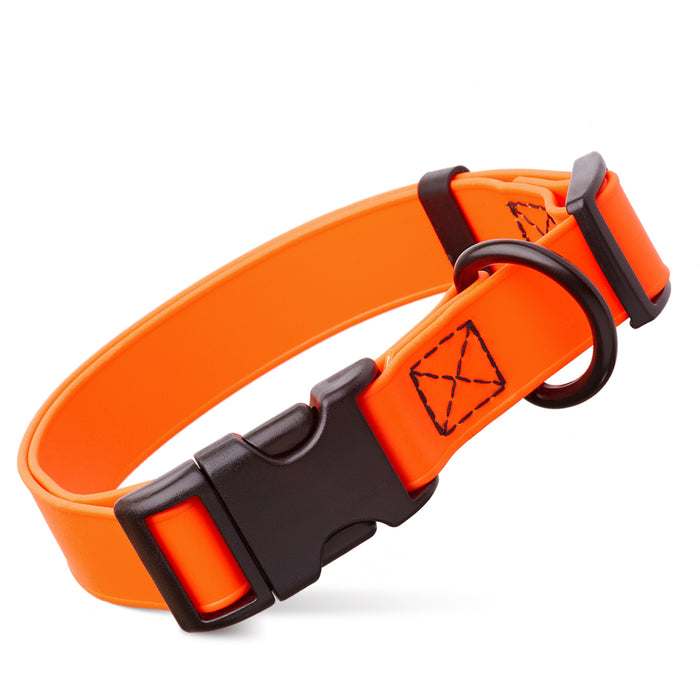 Hunter Orange dog collar with quick release buckle, made from waterproof Biothane, 3/4- or 1-inch wide