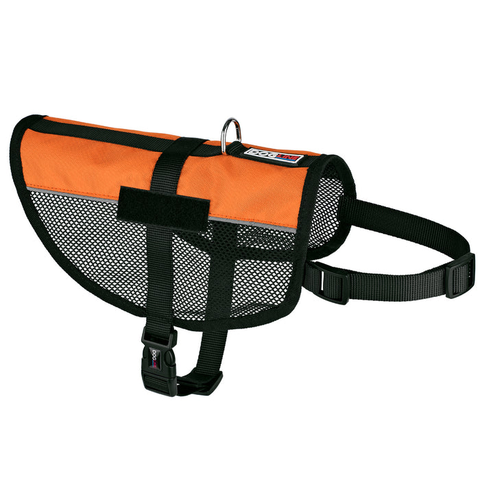 Orange dog vest with adjustable straps, reflective stripes and patch loop backing