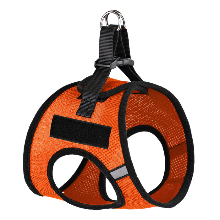 Orange dog harness with quick release buckle and hook and loop fastener for removable patches, made from nylon mesh