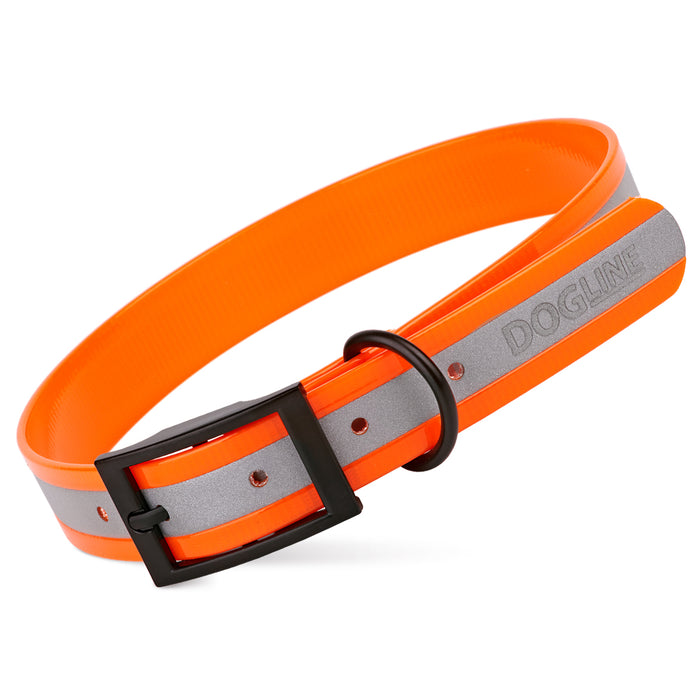 Orange waterproof dog collar with reflective strip and buckle