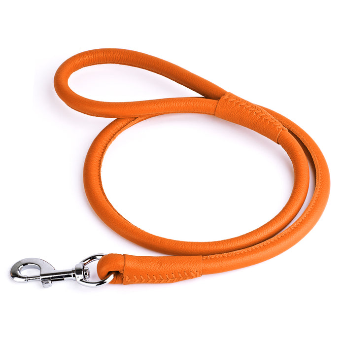 Orange leather dog lead with metal snap hook, 1/2-inch wide