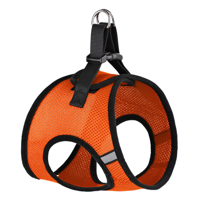 Orange dog harness with reflective stripes and quick release buckle
