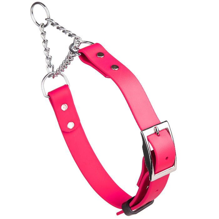 Passionfruit Pink adjustable martingale dog collar with buckle and Herm Sprenger assembly chain, made from waterproof Biothane