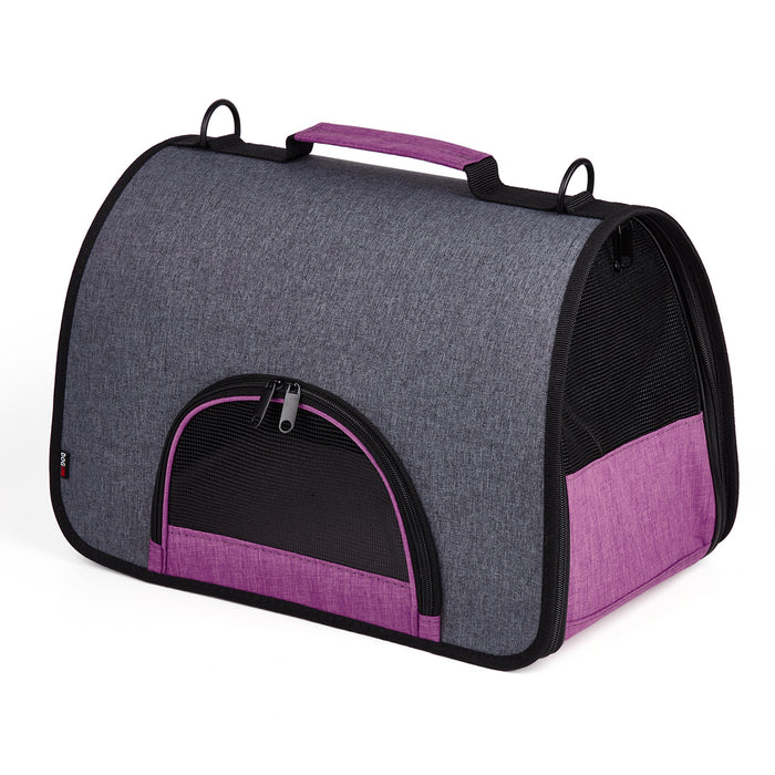 Black and pink pet carrier for small dogs and cats with handle and mesh screens, collapsible