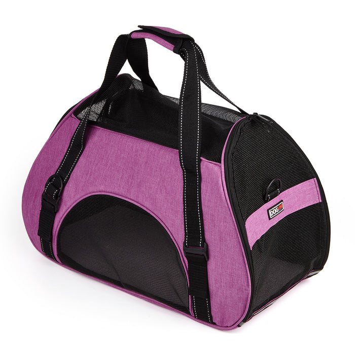 Pink small dog carrier bag with handles, optional shoulder strap and mesh sides