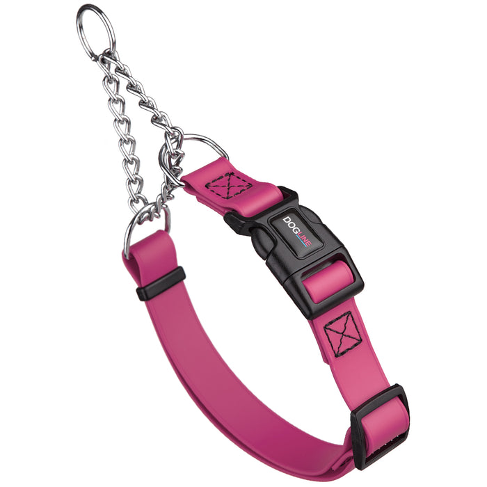 Passionfruit Pink martingale dog collar with quick release buckle and Herm Sprenger assembly chain, made from waterproof Biothane