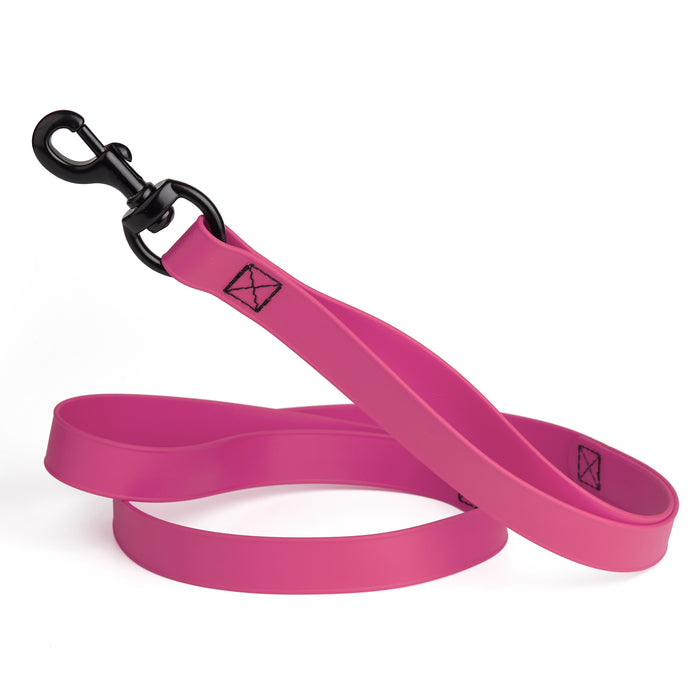Passionfruit Pink multi-handle dog leash with black snap hook, made from waterproof Biothane