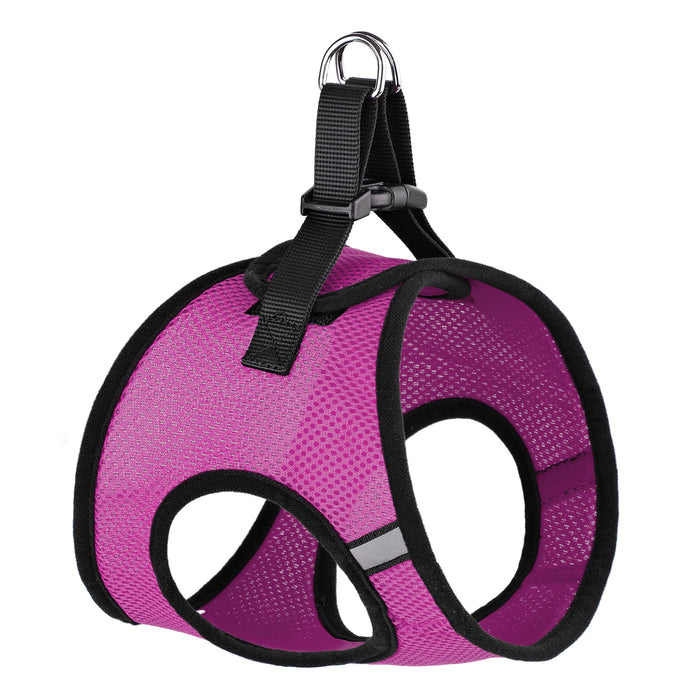 Pink dog harness with reflective stripes and quick release buckle