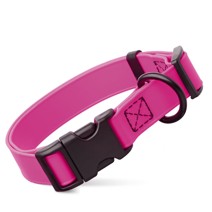 Passionfruit Pink dog collar with quick release buckle, made from waterproof Biothane, 3/4- or 1-inch wide