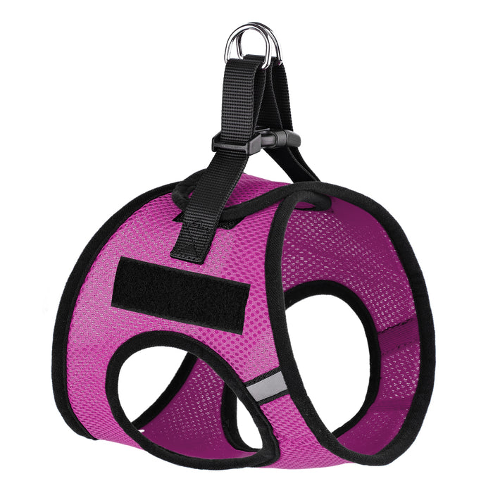 Pink dog harness with quick release buckle and hook and loop fastener for removable patches, made from nylon mesh