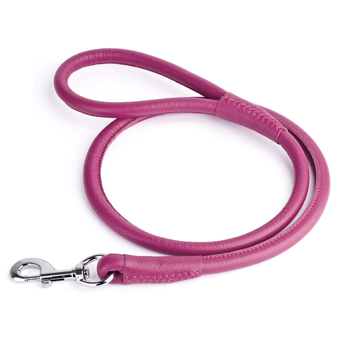 Pink leather dog lead with metal snap hook, 1/2-inch wide