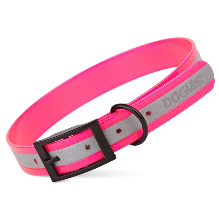 Pink waterproof dog collar with reflective strip and buckle