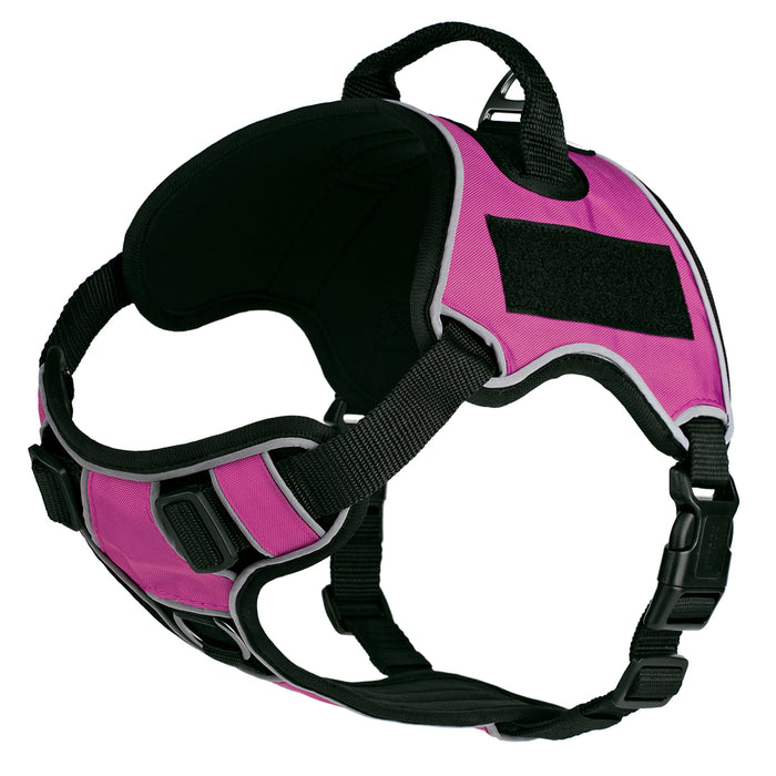Pink dog harness made from neoprene, with top handle and two hook and loop fasteners; adjustable straps