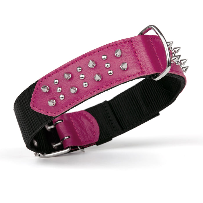 Black and pink nylon and leather dog collar with spikes