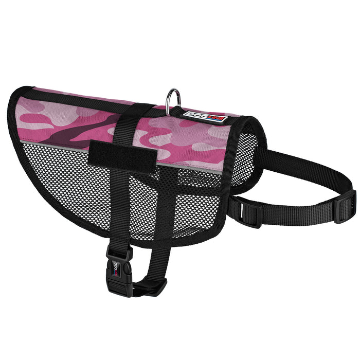 Pink camo dog vest with adjustable straps, reflective stripes and patch loop backing