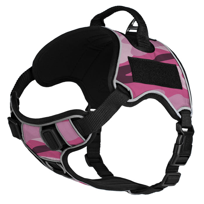 Pink camo dog harness made from neoprene, with top handle and two hook and loop fasteners; adjustable straps
