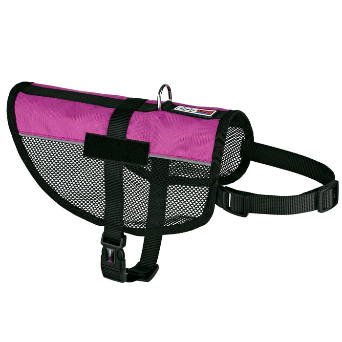 Pink dog vest with adjustable straps, reflective stripes and patch loop backing