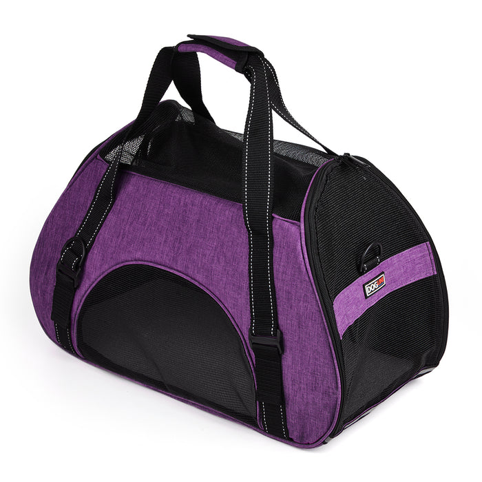 Purple small dog carrier bag with handles, optional shoulder strap and mesh sides