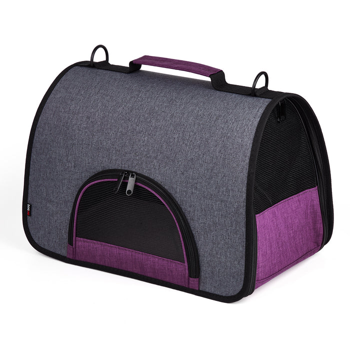 Black and purple pet carrier for small dogs and cats with handle and mesh screens, collapsible