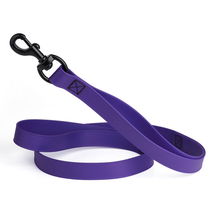 Violet Purple multi-handle dog leash with black snap hook, made from waterproof Biothane