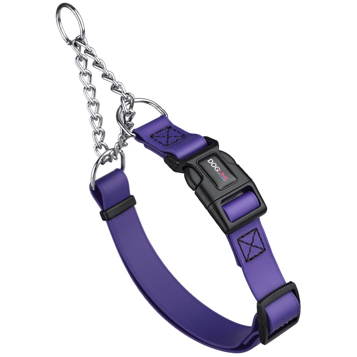 Violet Purple martingale dog collar with quick release buckle and Herm Sprenger assembly chain, made from waterproof Biothane