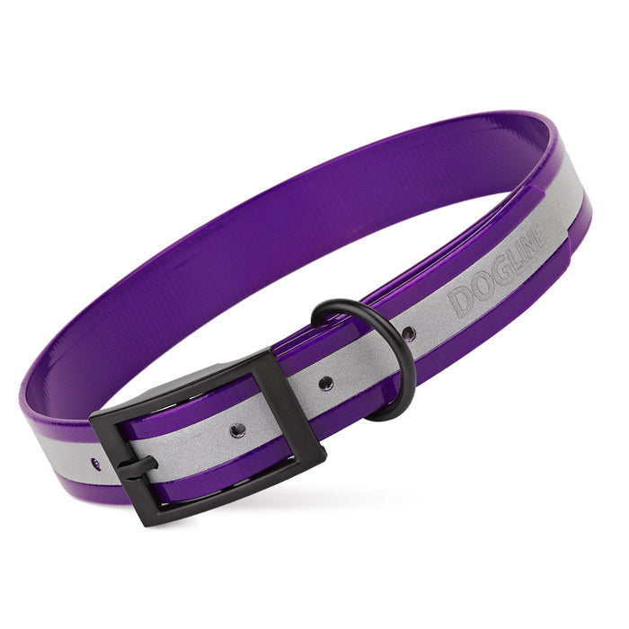 Purple waterproof dog collar with reflective strip and buckle