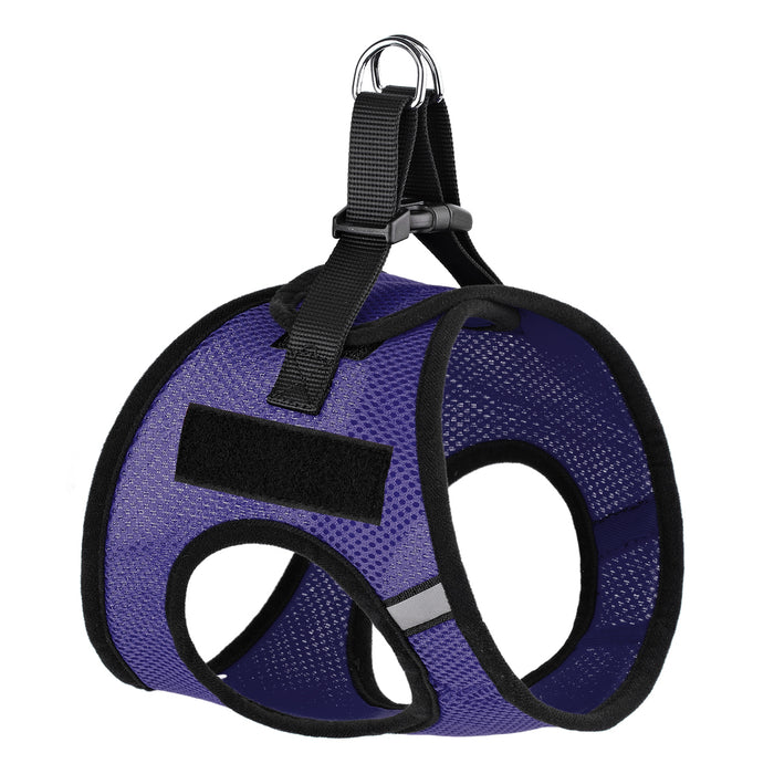 Purple dog harness with quick release buckle and hook and loop fastener for removable patches, made from nylon mesh