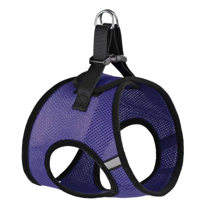 Purple dog harness with reflective stripes and quick release buckle