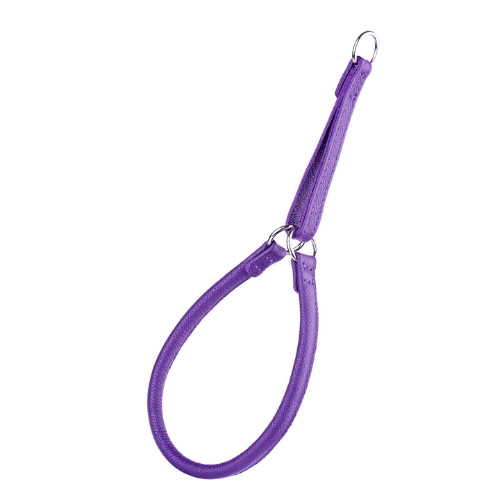 Purple leather martingale dog collar with three metal O-rings, 1/2 inch wide
