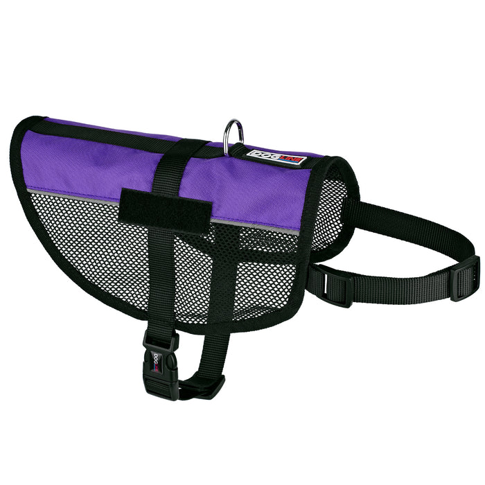 Purple dog vest with adjustable straps, reflective stripes and patch loop backing
