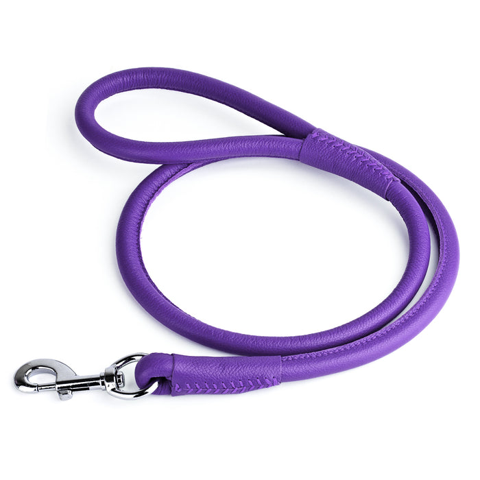 Purple leather dog lead with metal snap hook, 1/2-inch wide