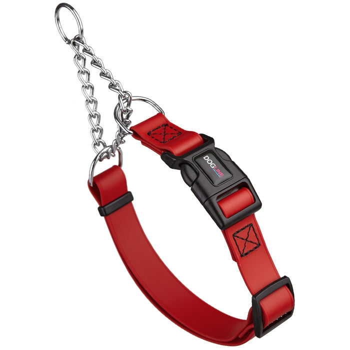Cherry red martingale dog collar with quick release buckle and Herm Sprenger assembly chain, made from waterproof Biothane